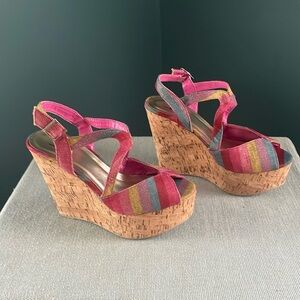 Bakers Pink and Blue Wedge Sandals with Cork Heel